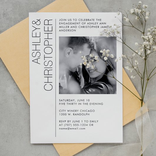 ミニマモダンリスト婚約パーティB&W写真 招待状