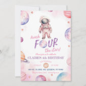 ミニマモダンリスト宇宙飛行士ガールの4歳の誕生日 招待状 (正面)