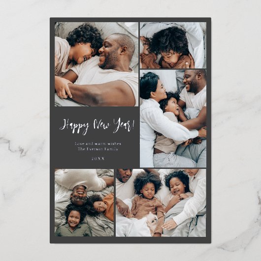 ミニマモダンリスト家族6枚の写真ハッピー新年 箔シーズンカード (正面)