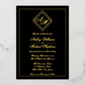 ミニマモダンリスト幾何モノグラ結婚ムのブラック 箔招待状 (正面)