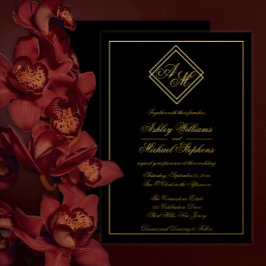 ミニマモダンリスト幾何モノグラ結婚ムのブラック 箔招待状