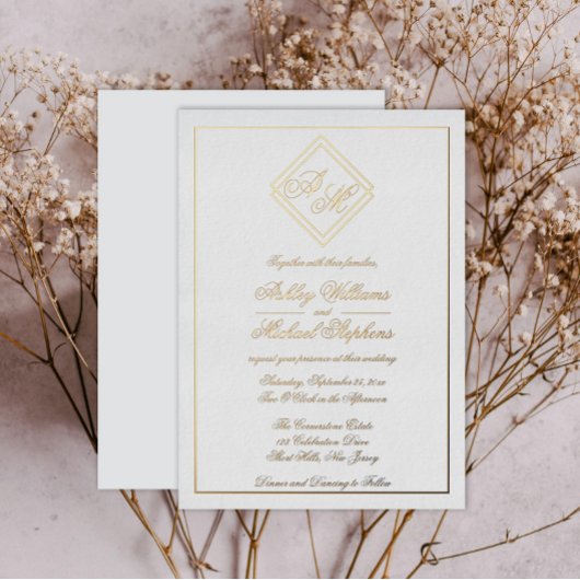 ミニマモダンリスト幾何モノグラ結婚ム 箔招待状
