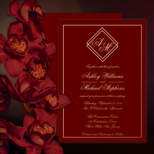 ミニマモダンリスト幾何モノグラ結婚ム 箔招待状