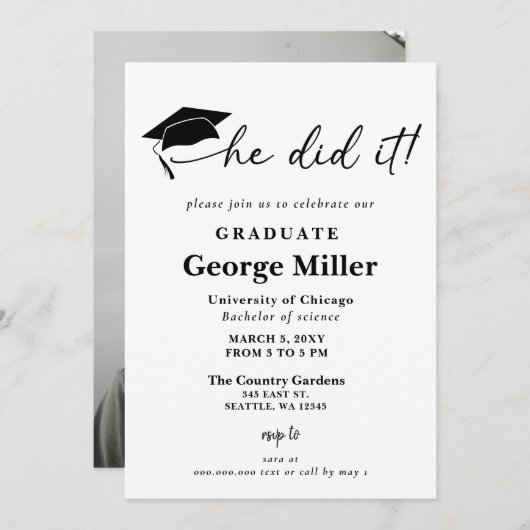 ミニマモダンリスト彼は写真卒業 招待状 (正面/裏面)