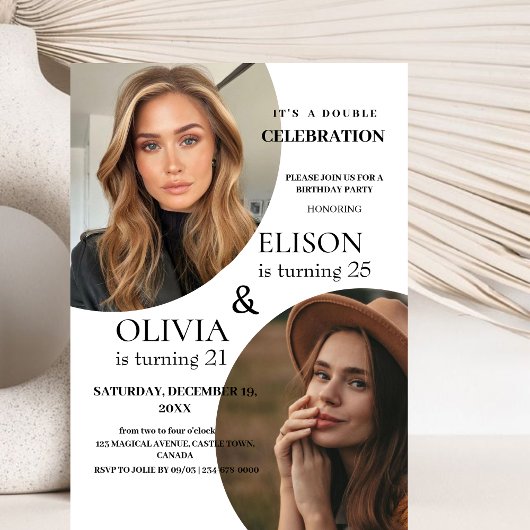 ミニマモダンリスト招待状2枚フォトダブル誕生日 招待状