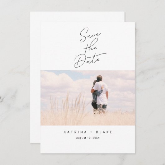 ミニマモダンリスト日付のフォトカードを保存 招待状 (正面/裏面)