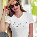 ミニマモダンリスト書道インクブリーズメイド Tシャツ<br><div class="desc">ミニマモダンリストで書エレガント字インクスクリプト花嫁名VネックTシャツ。ブラック&ホワイト</div>