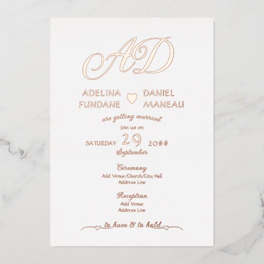 ミニマモダンリスト書道ハートホワイト&金ゴールド 箔招待状 (正面)