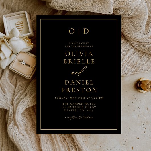 ミニマモダンリスト書道ブラック金ゴールド結婚ズ 招待状