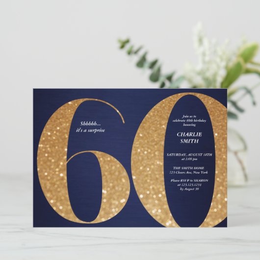 ミニマモダンリスト海軍金ゴールドグリッター60th誕生日 招待状 (スタンド正面)