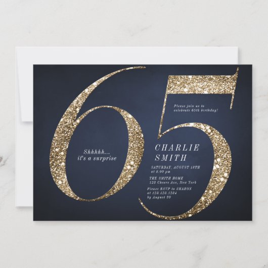 ミニマモダンリスト海軍金ゴールドグリッター65歳の誕生日 招待状 (正面)