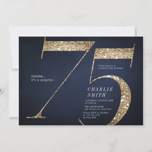 ミニマモダンリスト海軍金ゴールドグリッター75th誕生日 招待状 (正面)