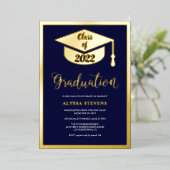 ミニマモダンリスト海軍金ゴールド卒業写真 箔招待状 (立ち正面)
