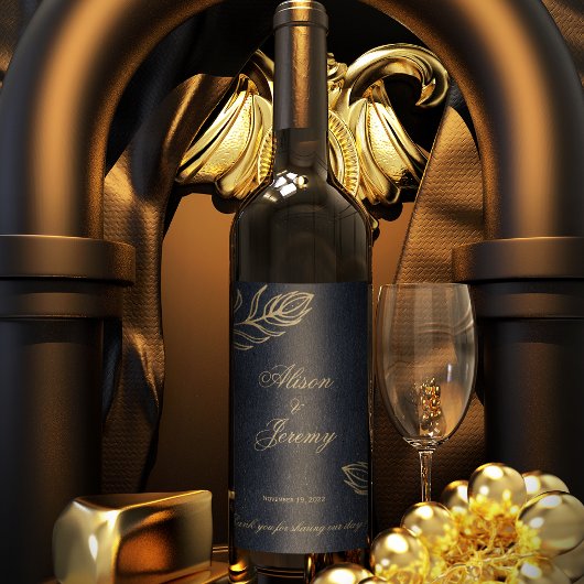 ミニマモダンリスト深いブルー&金ゴールド植物学開花 ワインラベル