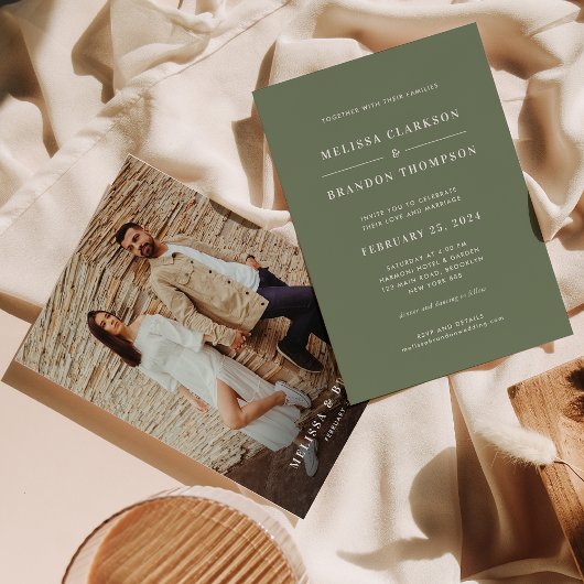 ミニマモダンリスト深いSage Green Photo 結婚's 招待状