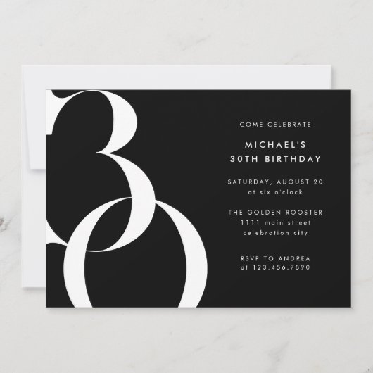 ミニマモダンリスト無地のブラック30歳の誕生日パーティー 招待状 (正面)