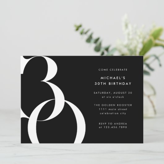 ミニマモダンリスト無地のブラック30歳の誕生日パーティー 招待状 (スタンド正面)