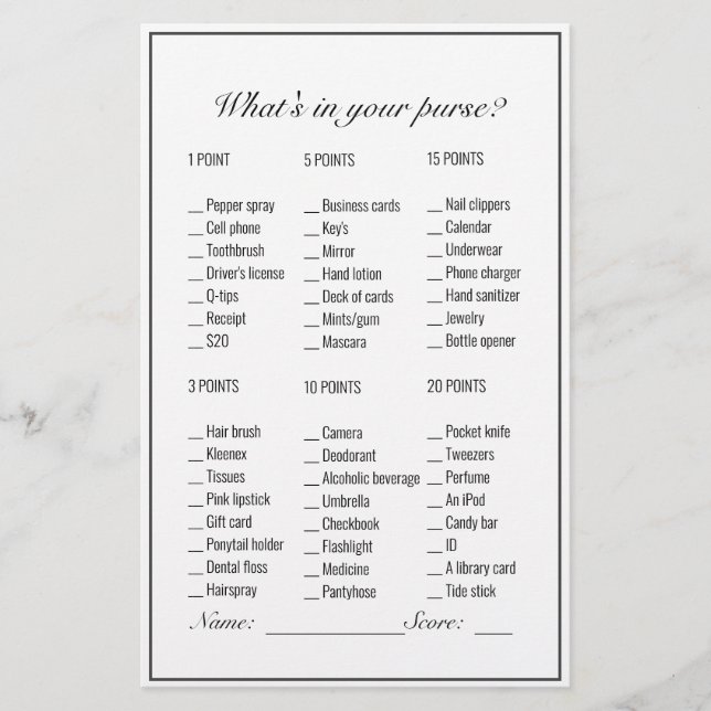 ミニマモダンリスト白ブライダルシャワー財布ゲーム (正面)