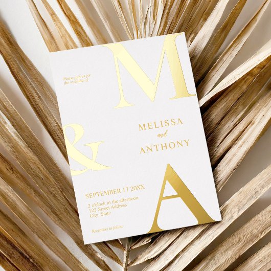 ミニマモダンリスト白モノグラム結婚ズ 箔招待状