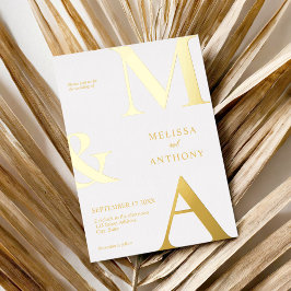 ミニマモダンリスト白モノグラム結婚ズ 箔招待状