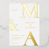 ミニマモダンリスト白モノグラム結婚ズ 箔招待状 (正面)