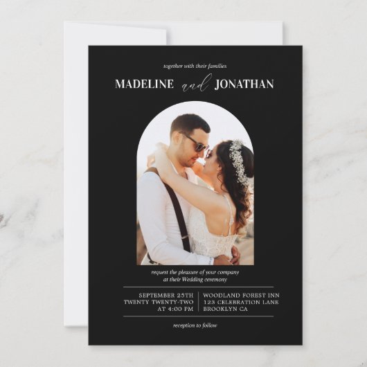 ミニマモダンリスト白黒フォトア結婚ーチ 招待状 (正面)