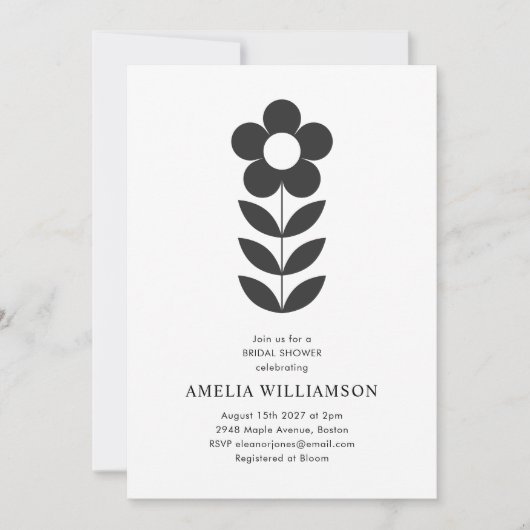 ミニマモダンリスト白黒フローラブライダルシャワー 招待状 (正面)