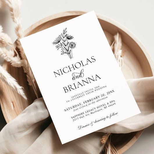 ミニマモダンリスト白黒フローラ結婚の 招待状