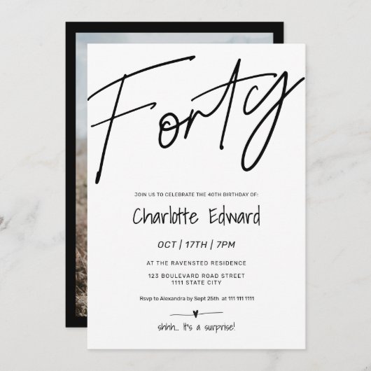 ミニマモダンリスト白黒写真サプライズ40 招待状 (正面/裏面)