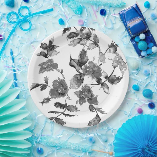 ミニマモダンリスト白黒水カラーバラ ペーパープレート (パーティー)