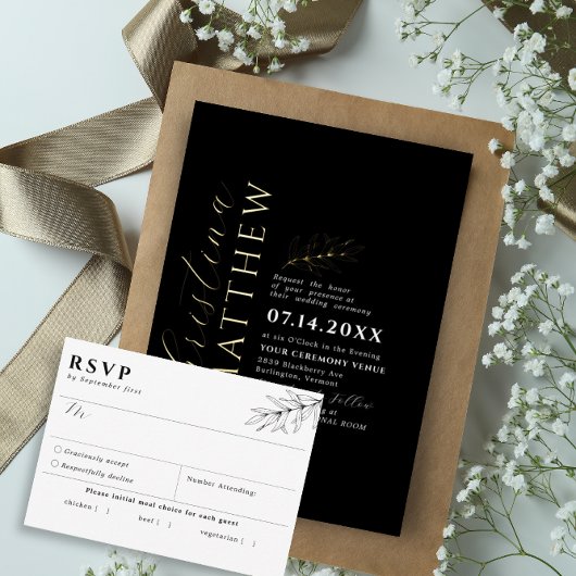 ミニマモダンリスト白黒結婚の金ゴールド 箔招待状