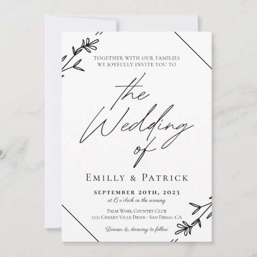 ミニマモダンリスト白黒結婚ズクラシック 招待状 (正面)