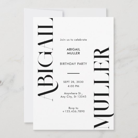 ミニマモダンリスト白黒誕生日 招待状 (正面)