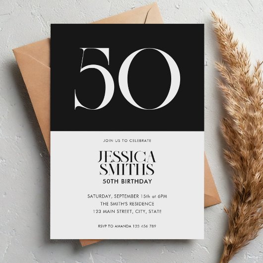 ミニマモダンリスト白黒50誕生日 招待状