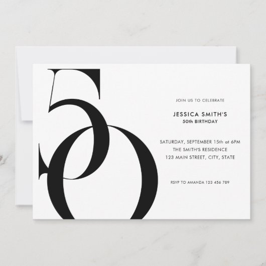 ミニマモダンリスト白黒50誕生日 招待状 (正面)