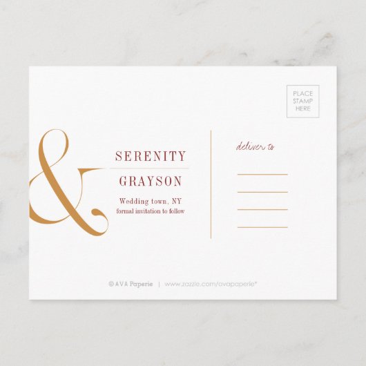 ミニマモダンリスト秋の結婚式日付を保存 案内ポストカード (裏面)