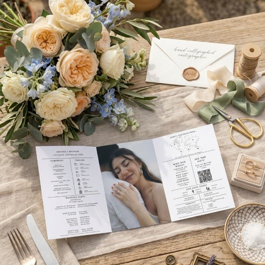 ミニマモダンリスト結婚のインフォグラフィック計画 三つ折り招待状