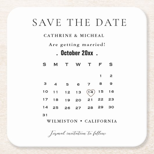 ミニマモダンリスト結婚のカレンダーに日付を保存 スクエアペーパーコースター (正面)