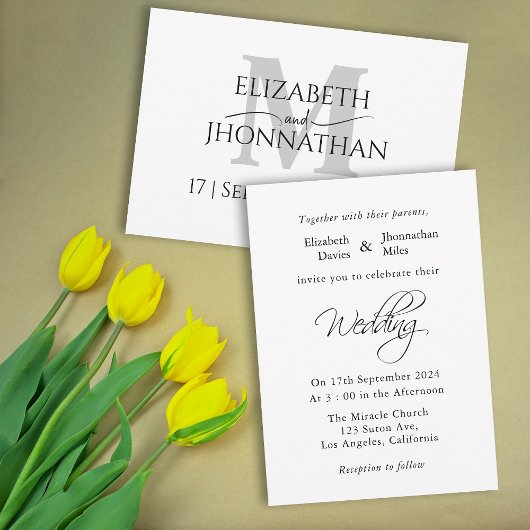 ミニマモダンリスト結婚グレイ・モノグラム 招待状