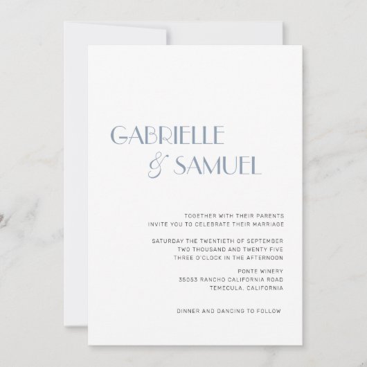 ミニマモダンリスト結婚ズダスティブルー招待状 (正面)