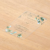 ミニマモダンリスト緑葉ユーカリ結婚ス アクリル招待状 (レイダウン)