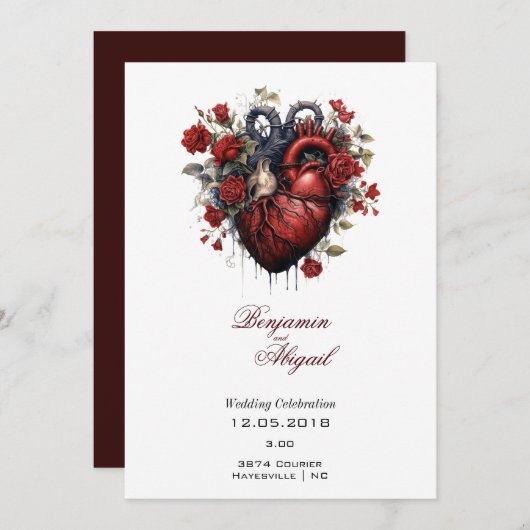 ミニマモダンリスト解剖学ゴシックハートフローラInvi 招待状 (正面/裏面)