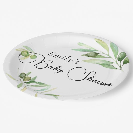 ミニマモダンリスト赤ちゃんシャワーオリーブ ペーパープレート (アングル)