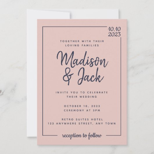 ミニマモダンリスト赤面とネイビー結婚ズ 招待状 (正面)