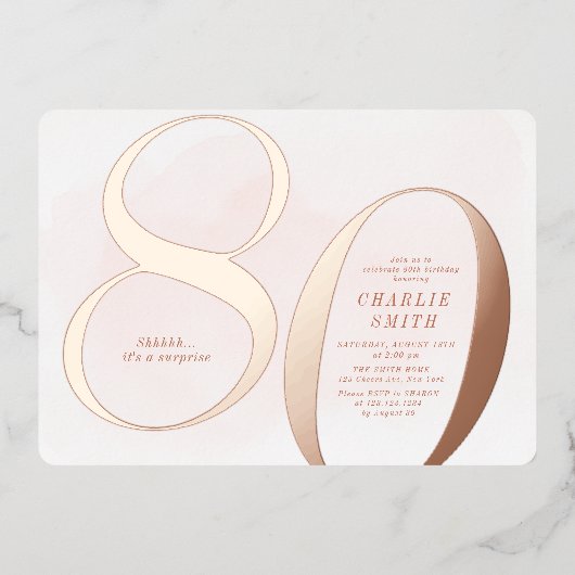 ミニマモダンリスト赤面バラ金ゴールド80歳の誕生日 箔招待状 (正面)