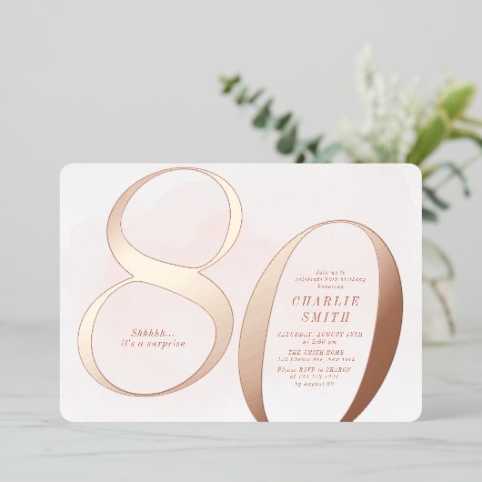 ミニマモダンリスト赤面バラ金ゴールド80歳の誕生日 箔招待状 (立ち正面)