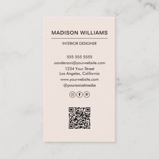 ミニマモダンリスト赤面ピンク写真QRソーシャルメディア 名刺 (裏面)