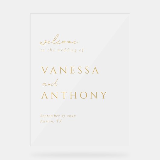 ミニマモダンリスト金ゴールドの結婚歓迎フロステッド アクリルサイン (正面)