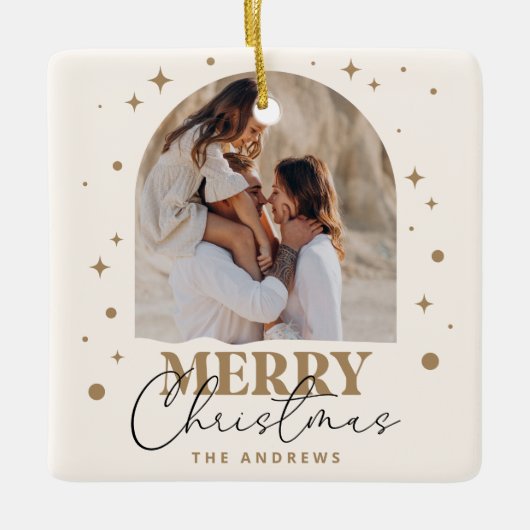 ミニマモダンリスト金ゴールドクリスマスフォトアーク セラミックオーナメント (正面)