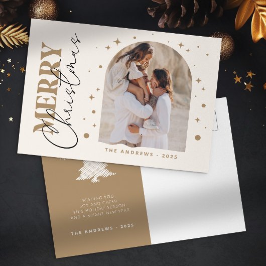 ミニマモダンリスト金ゴールドクリスマスフォトアーク ポストカード